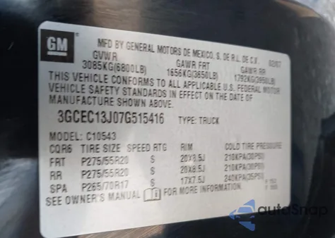 2007 Chevrolet Silverado 1500 Lt1 from USA, damaged, VIN 3GCEC13J07G515416